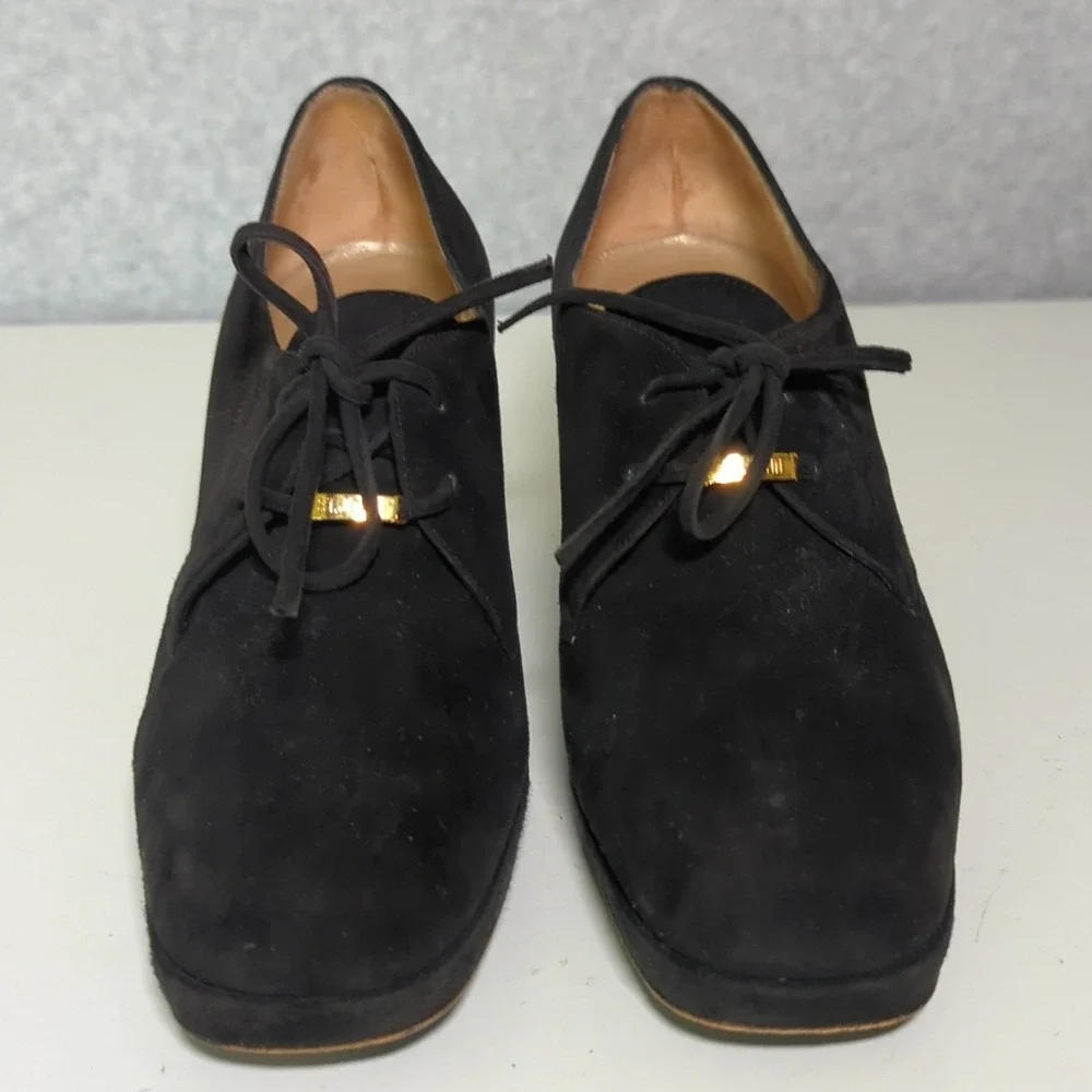 St. John Black Suede Lace Up Block Heel Pumps‎ Ankle Booties Women's Sz 8.5